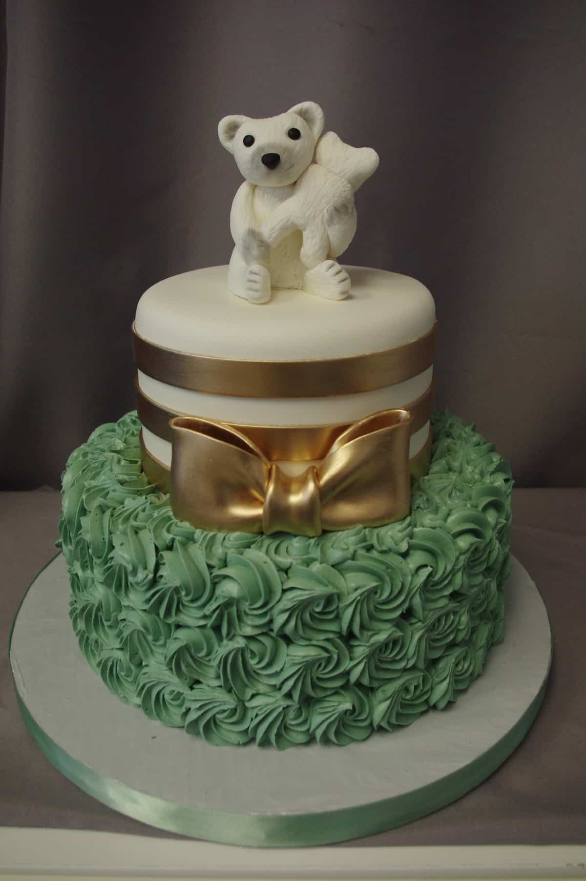 (251) Green and Gold Polar Bear Baby Shower Cake