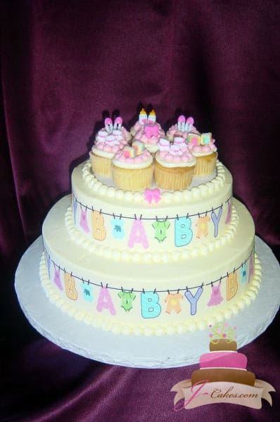 (202) Clothesline Baby Shower Cake with Cupcakes