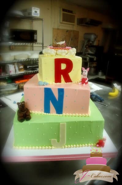 (209) Baby Shower Cake with Fondant Figures and Monogram