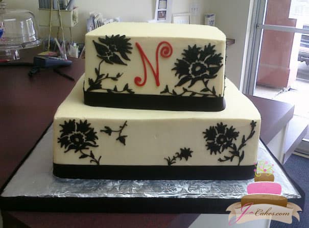 (101) Black Floral Damask Birthday Cake