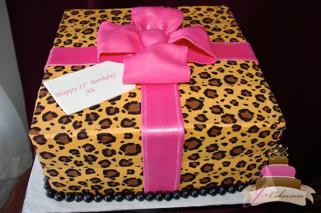 (133) Leopard Print Gift Box Birthday Cake