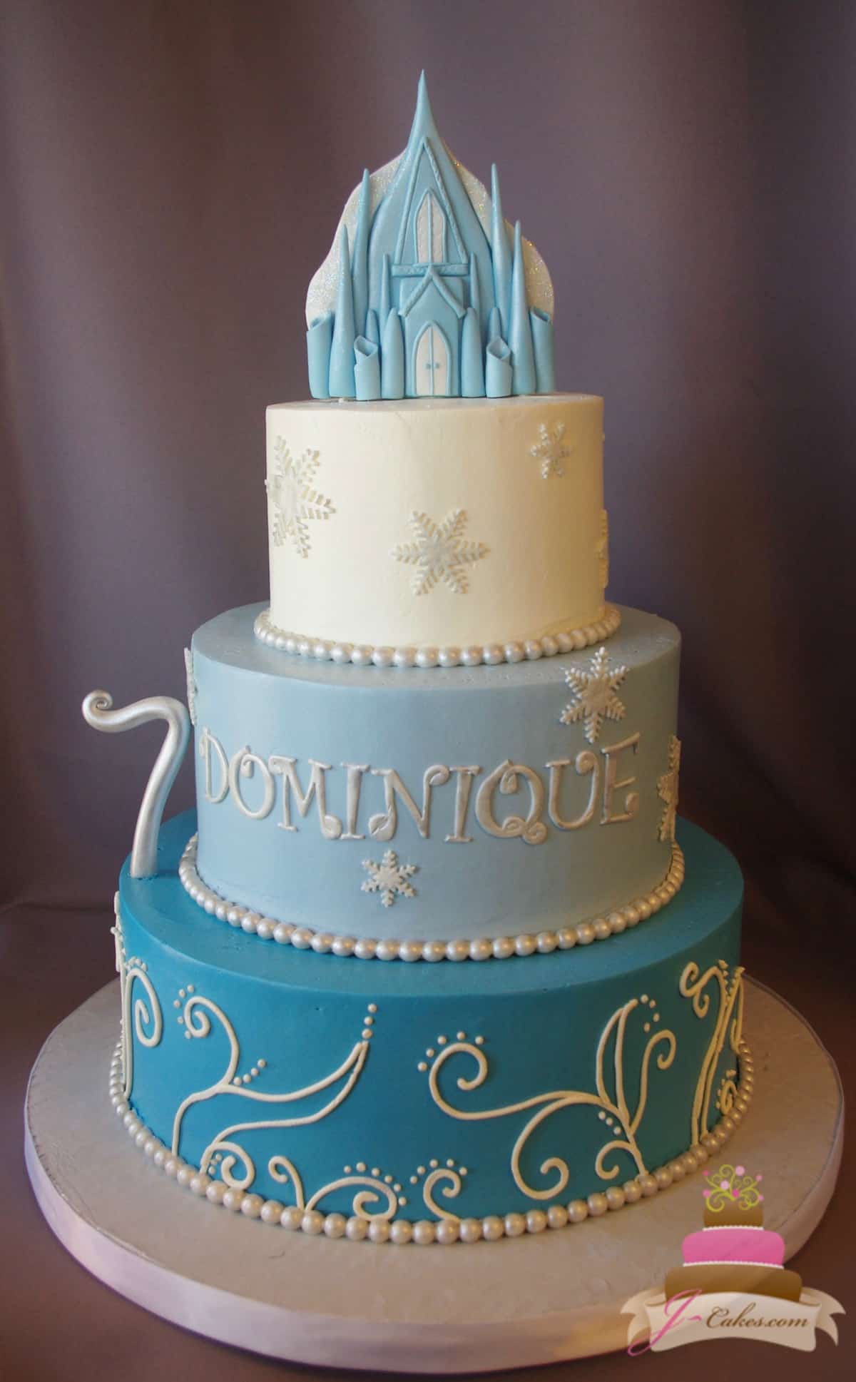 (499) Frozen Theme Tiered Cake with Castle Topper