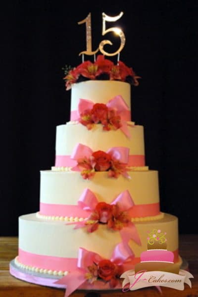 (905) Quinceañera Cake with Pink Bows