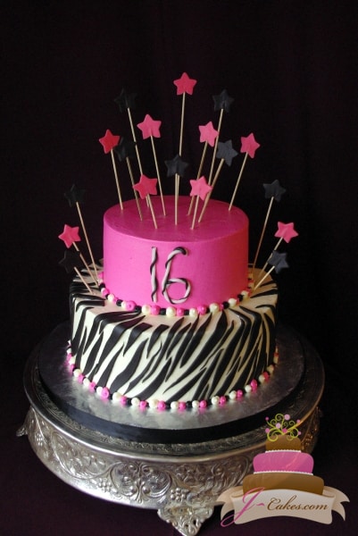 (906) Pink, Black, and White Zebra Stripe Sweet 16 Cake