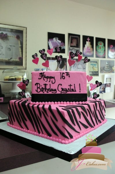 (908) Pink and Black Zebra Stripe Sweet 16 Cake