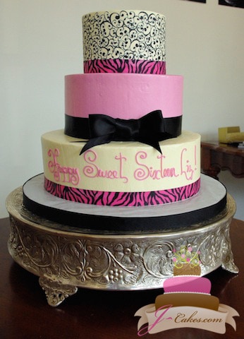 (909) Pink, Black, and White Sweet 16 Cake