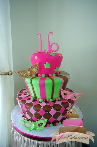 (914) Tapered Pink, Green, and Brown Masquerade Sweet 16 Cake