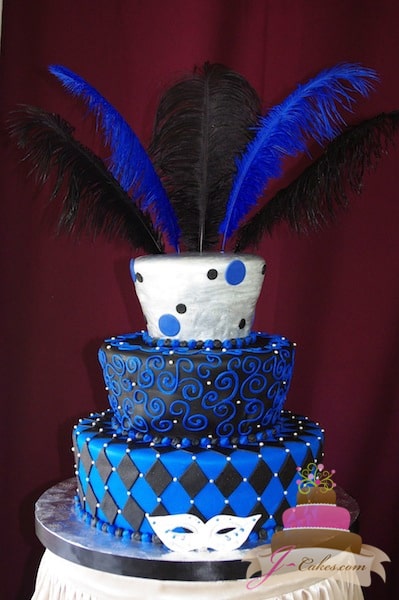 (916) Tapered Blue, Black, and Silver Masquerade Sweet 16 Cake