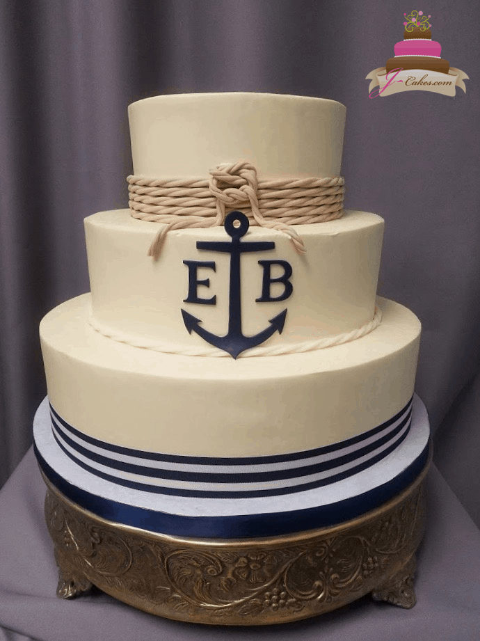 (1170) Nautical Wedding Cake with Anchor Monogram