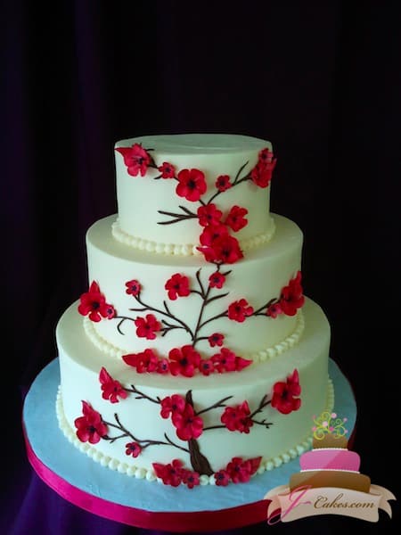 (1088) Red Cherry Blossom Wedding Cake