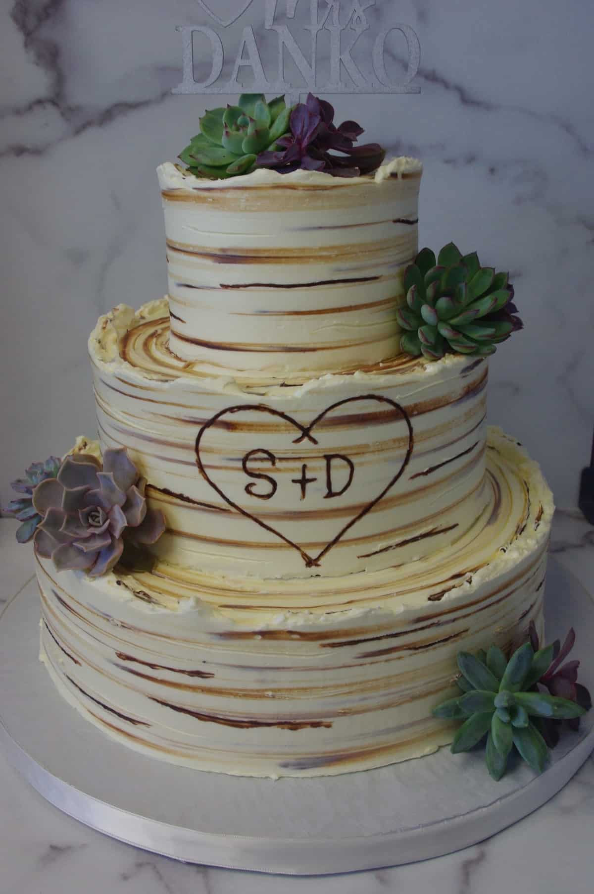 (1190) Buttercream Birch Tree Wedding Cake with Succulents