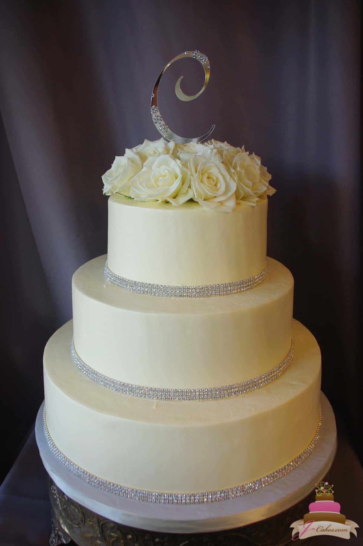 (1156) Smooth Buttercream and Rhinestone Wedding Cake