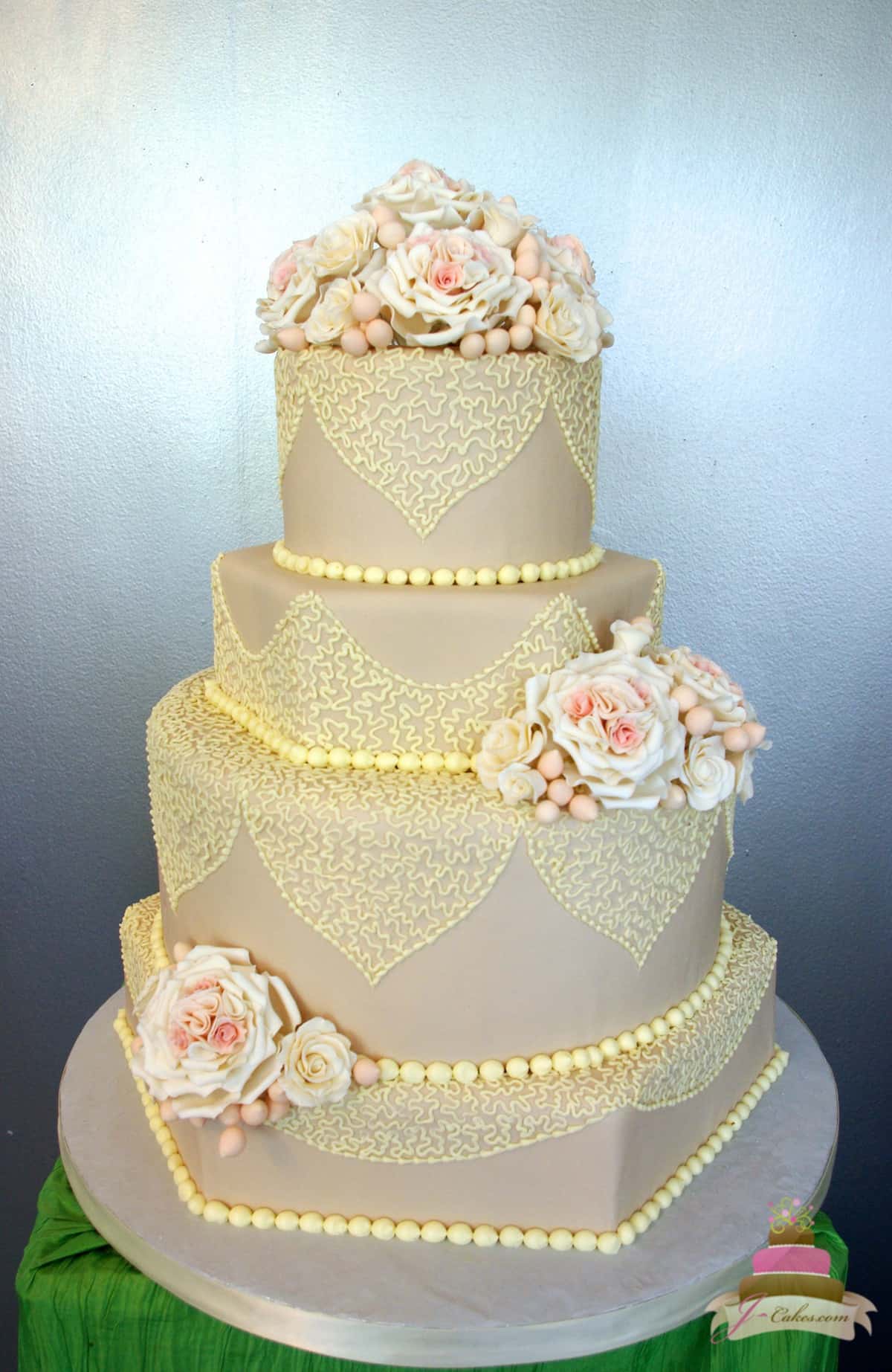 (1150) Taupe Fondant and Lace Wedding Cake