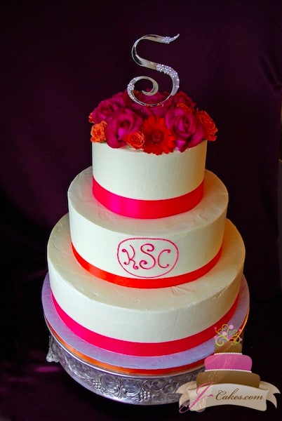 (1136) Bright Pink Monogram Wedding Cake