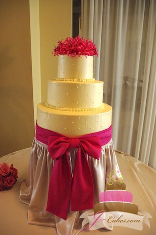 (1004) Swiss Dot Wedding Cake with Large Pink Bow
