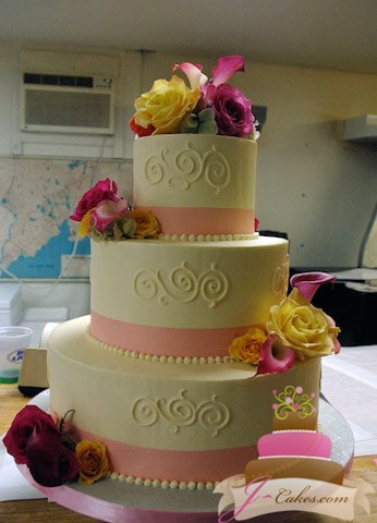 (1009) Scroll Wedding Cake with Pink Ribbon