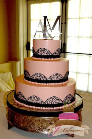 (1010) Pink Wedding Cake with Black Cornelli Lace Arches