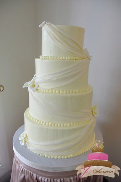 (1126) White Fondant Swag Wedding Cake