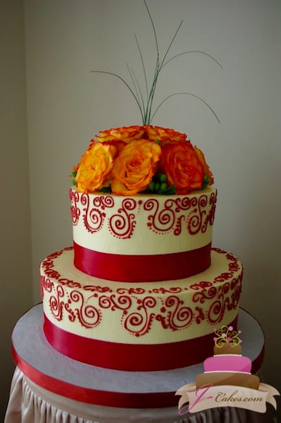 (1091) Red Henna Scroll Wedding Cake