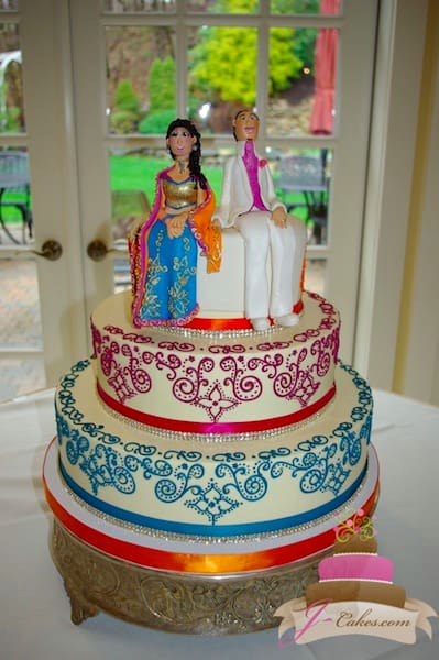 (1093) Henna Scroll Wedding Cake with Custom Toppers