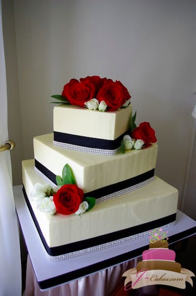 (1096) Black, White, and Red Square Wedding Cake