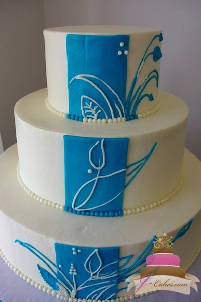 (1097) Blue Floral Panel Wedding Cake