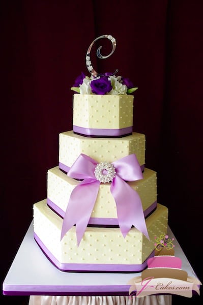 (1101) Hexagonal Wedding Cake with Purple Ribbon and Dots