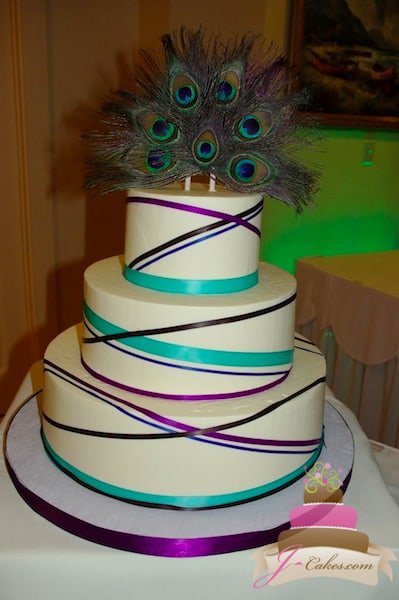 (1116) Criss-Cross Ribbon Peacock Wedding Cake