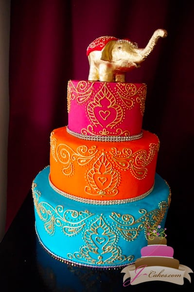 (1021) Gold Henna Scroll Wedding Cake