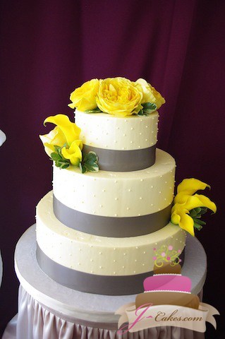 (1027) Yellow and Grey Dot Wedding Cake