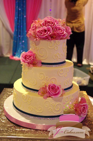 (1040) Variety of Scrolls Wedding Cake with Rhinestones