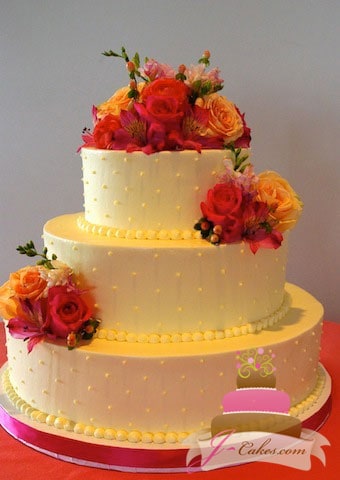 (1061) Swiss Dot Wedding Cake with Fall Flowers
