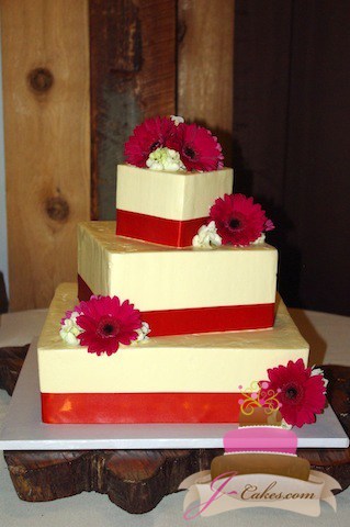 (1073) Off-Set Square Wedding Cake with Red Ribbon