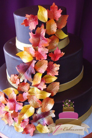 (1075) Ganache Wedding Cake with Autumn Leaves