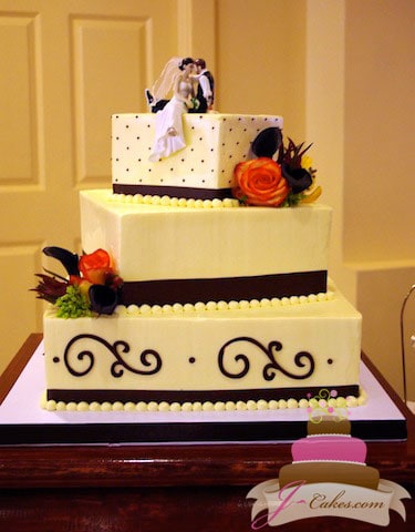 (1081) Square Wedding Cake with Dots and Scrolls