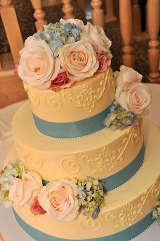 (1119) Queen Anne Wedding Cake with Pink and Blue Flowers