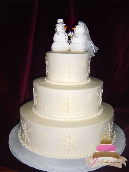 (1143) Winter Wedding Cake with Snow-People Topper