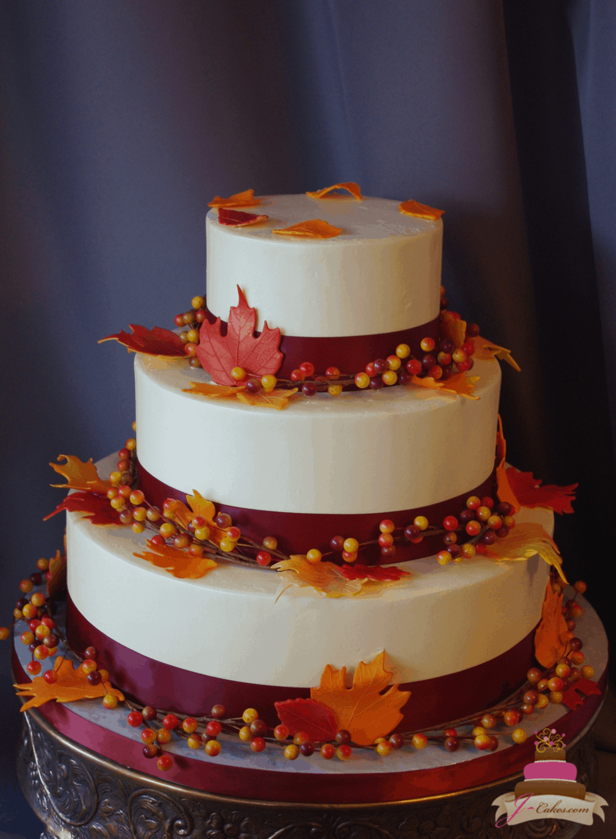 (1167) Autumn Wedding Cake with Sugar Leaves and Faux Berries