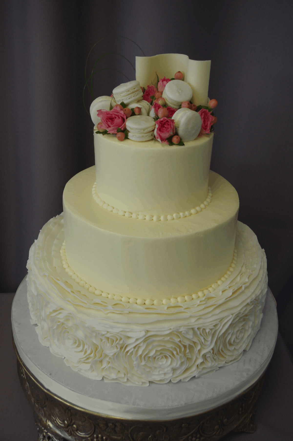 (1186) Fondant Ruffle and Macaron Wedding Cake