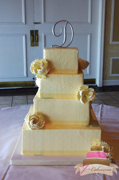 (1012) Square Swiss Dot Wedding Cake with Sugar Flowers