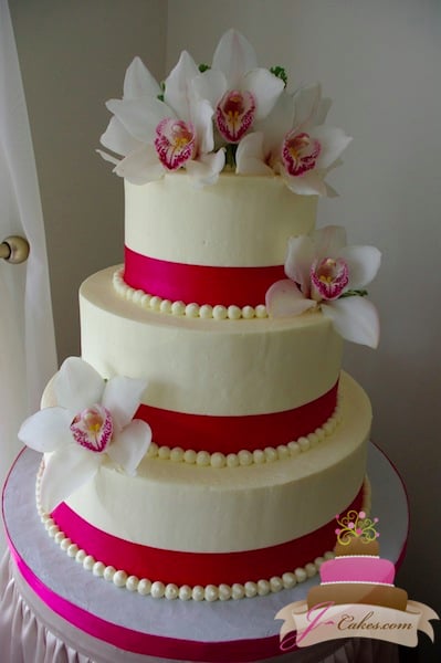(1100) Pink Ribbon Wedding Cake with Orchids