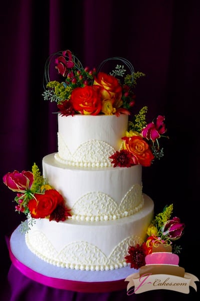 (1112) Cornelli Lace Arch Wedding Cake with Autumn Flowers