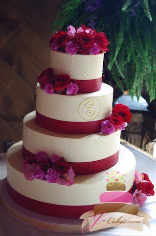 (1038) Red Monogram Wedding Cake